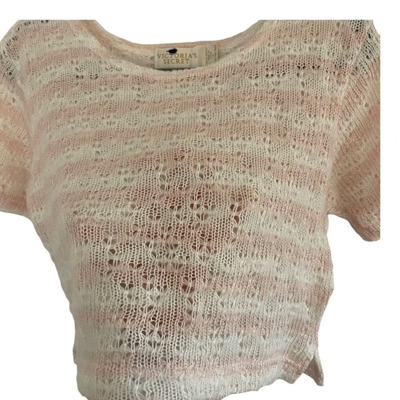 Victorias Secret Pink Striped Open Knit Cropped Short Sleeve Sweater Top Size L - Picture 4 of 4